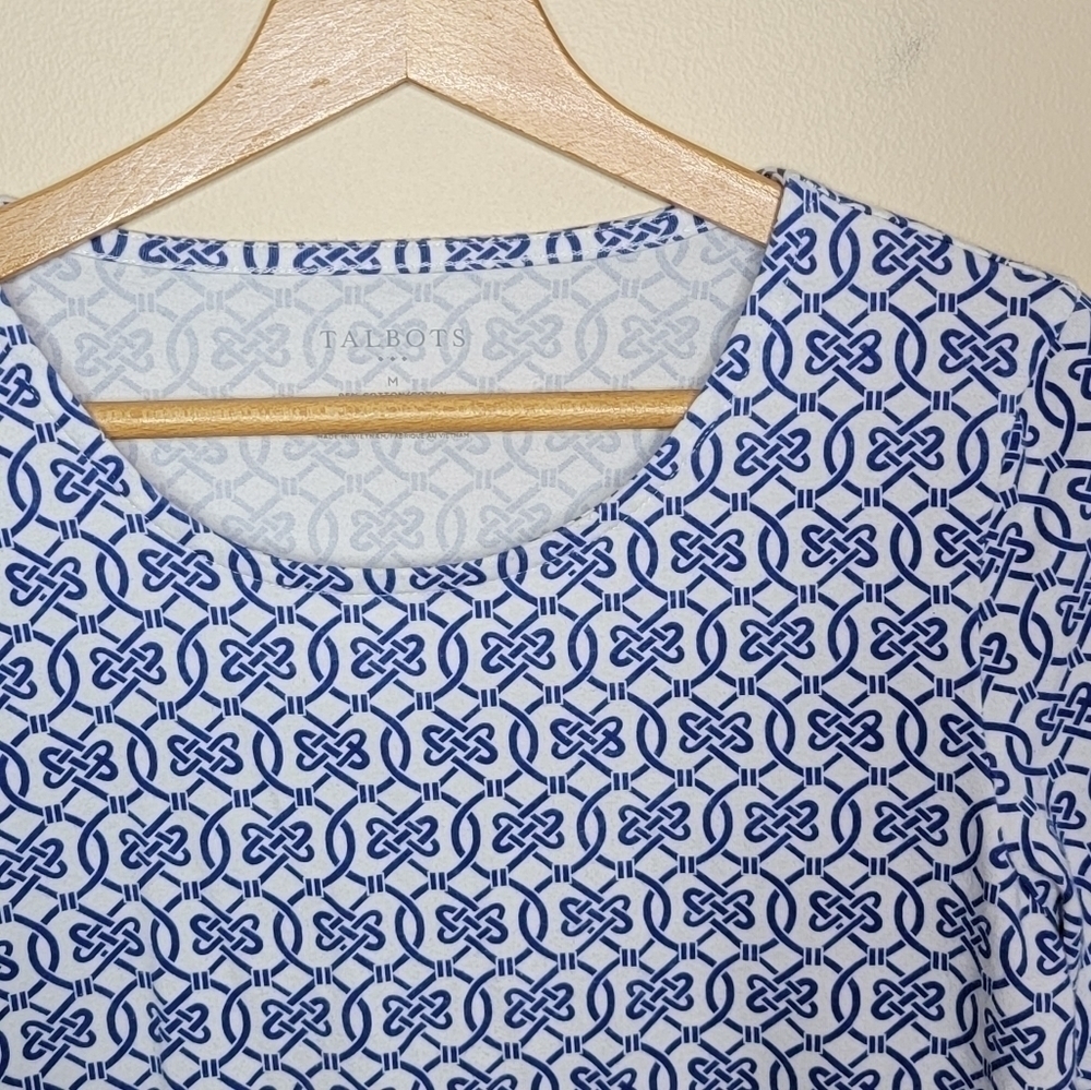 Talbots Factory Blue & White Links Print Top with Ribbon Trim Size Medium - Picture 3 of 5
